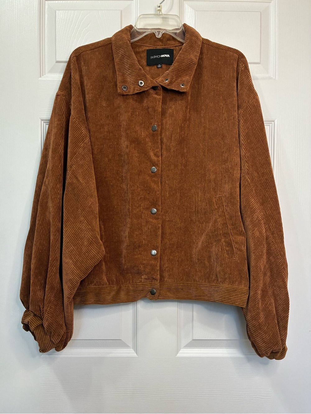 Fashion Nova Corduroy Bomber Jacket Womens XL Cognac Brown Puff Sleeve Pockets